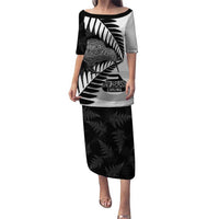 New Zealand Silver Fern Curling Personalised Puletasi Aotearoa Kiwi Ponga Black White Version LT14 Long Dress Black - Polynesian Pride