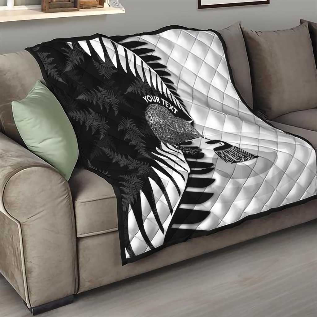 New Zealand Silver Fern Curling Personalised Quilt Aotearoa Kiwi Ponga Black White Version - Polynesian Pride