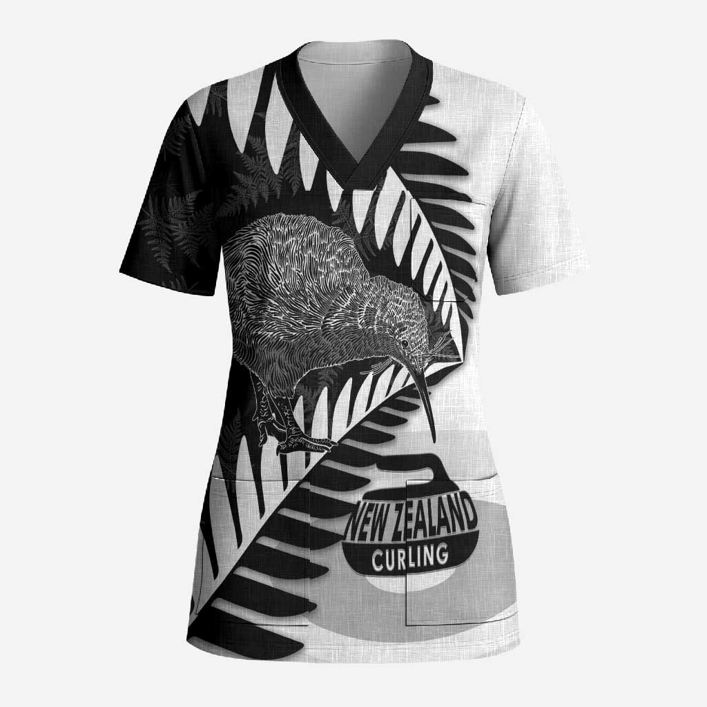 New Zealand Silver Fern Curling Personalised Scrub Top Aotearoa Kiwi Ponga Black White Version LT14 Adult Black - Polynesian Pride