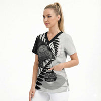 New Zealand Silver Fern Curling Personalised Scrub Top Aotearoa Kiwi Ponga Black White Version LT14 - Polynesian Pride