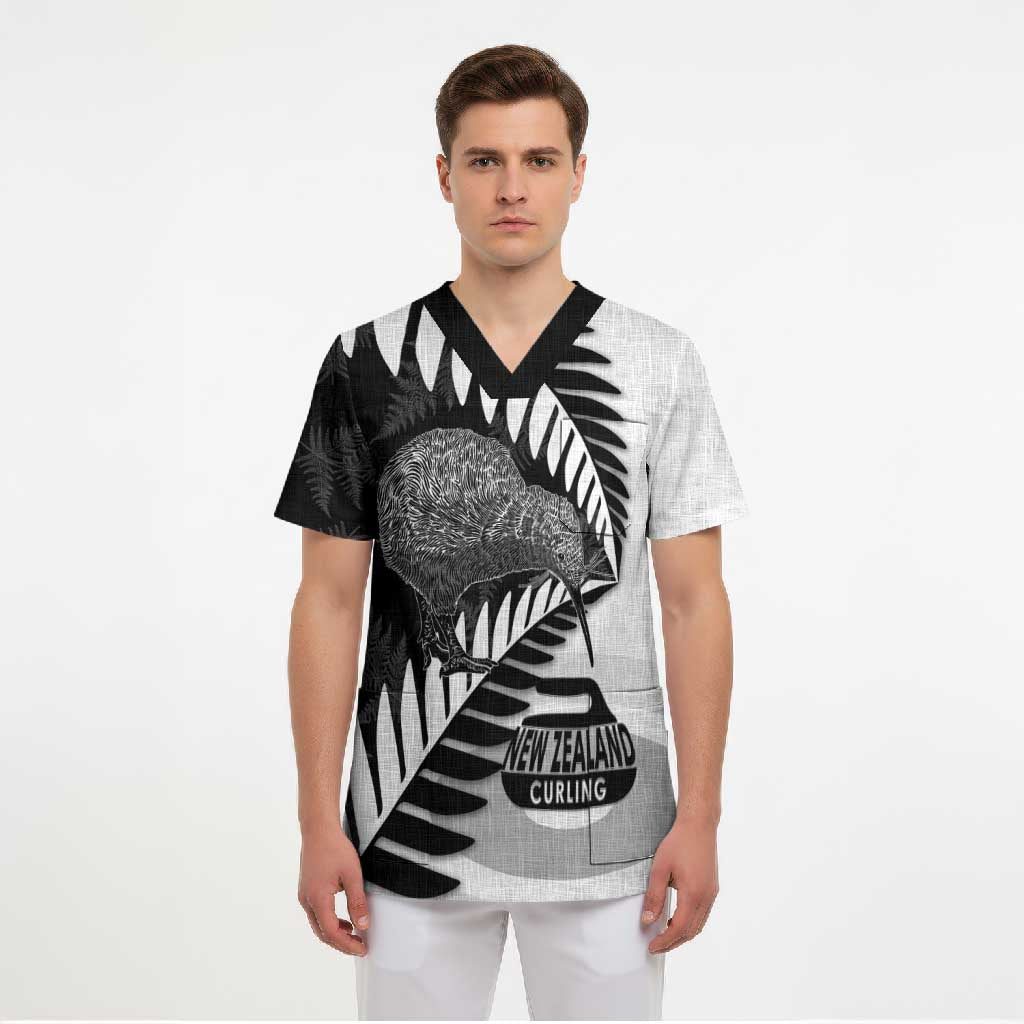 New Zealand Silver Fern Curling Personalised Scrub Top Aotearoa Kiwi Ponga Black White Version LT14 - Polynesian Pride