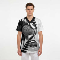 New Zealand Silver Fern Curling Personalised Scrub Top Aotearoa Kiwi Ponga Black White Version LT14 - Polynesian Pride