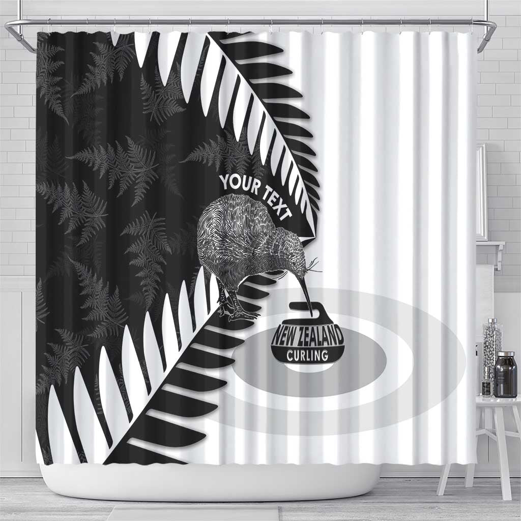 New Zealand Silver Fern Curling Personalised Shower Curtain Aotearoa Kiwi Ponga Black White Version LT14 - Polynesian Pride