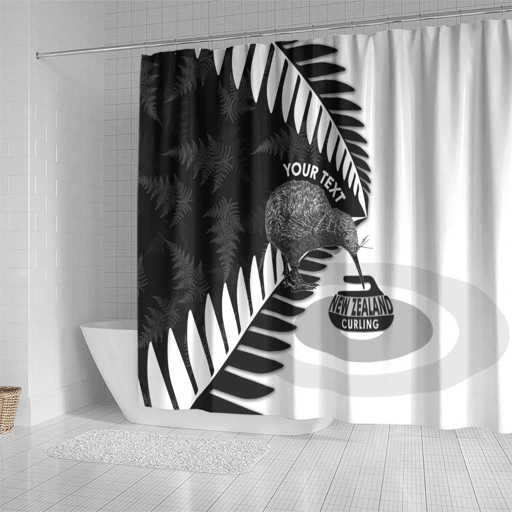 New Zealand Silver Fern Curling Personalised Shower Curtain Aotearoa Kiwi Ponga Black White Version LT14 - Polynesian Pride