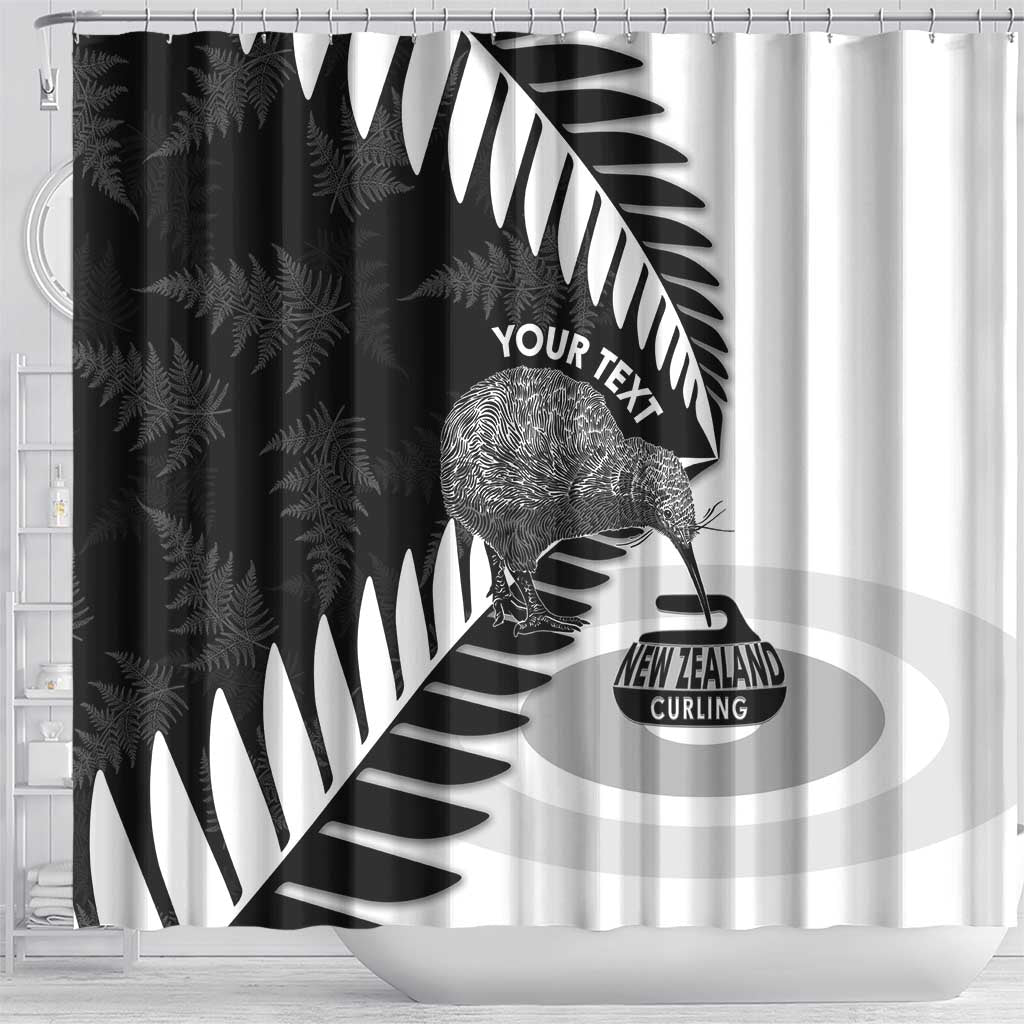 New Zealand Silver Fern Curling Personalised Shower Curtain Aotearoa Kiwi Ponga Black White Version LT14 - Polynesian Pride