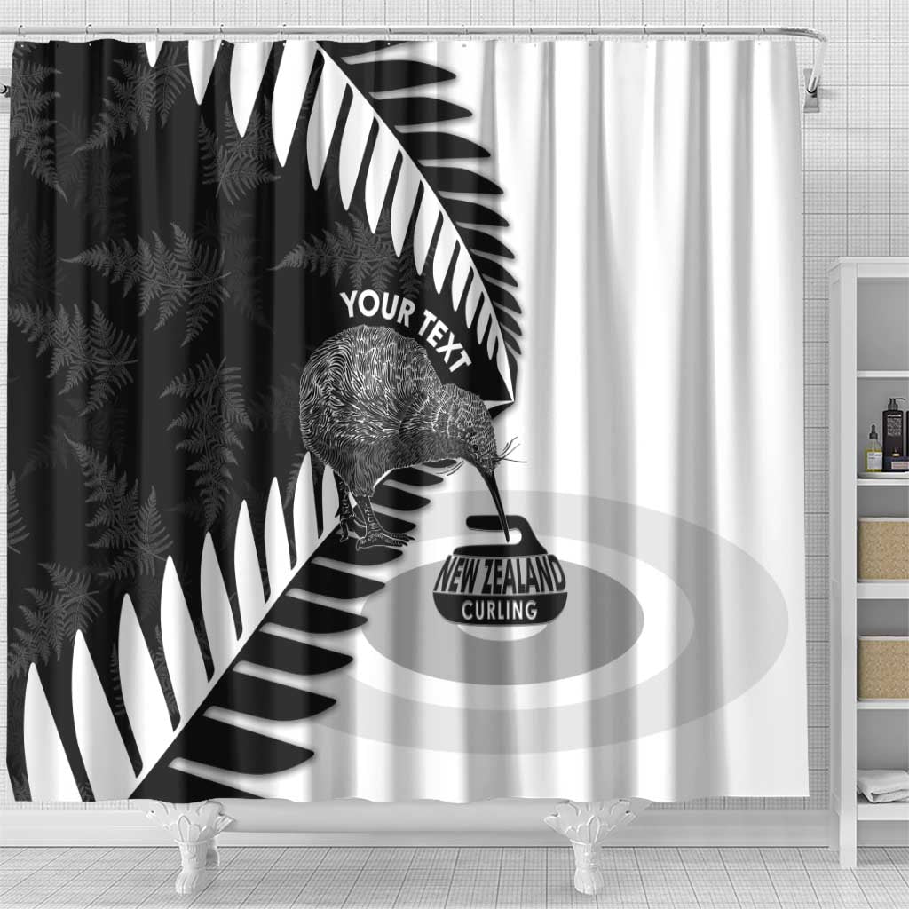 New Zealand Silver Fern Curling Personalised Shower Curtain Aotearoa Kiwi Ponga Black White Version LT14 - Polynesian Pride