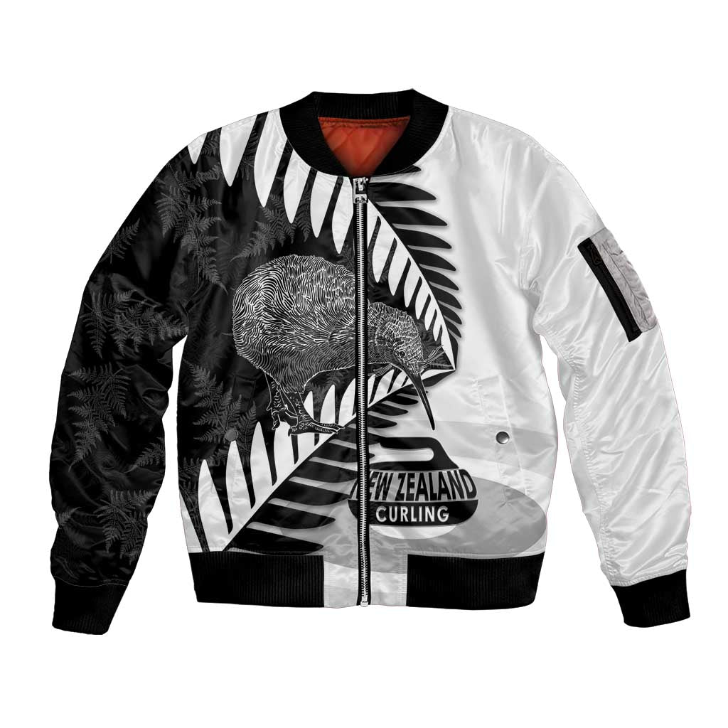 New Zealand Silver Fern Curling Personalised Sleeve Zip Bomber Jacket Aotearoa Kiwi Ponga Black White Version LT14 Unisex Black - Polynesian Pride