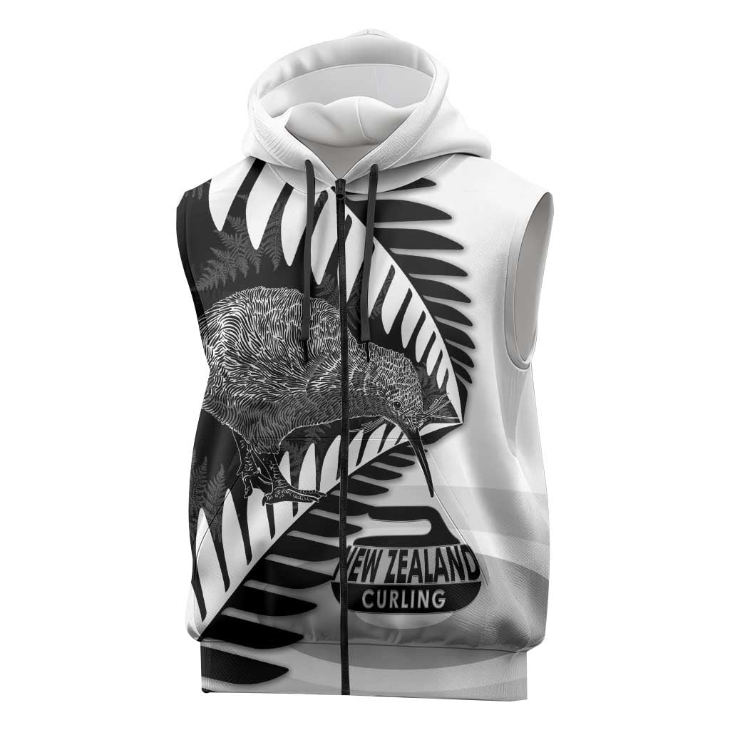 New Zealand Silver Fern Curling Personalised Sleeveless Zip Hoodie Aotearoa Kiwi Ponga Black White Version LT14 Black - Polynesian Pride