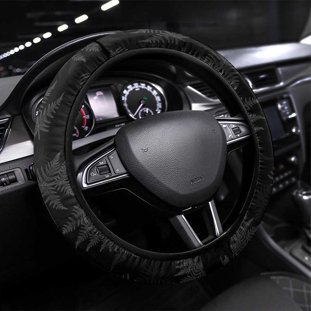 New Zealand Silver Fern Curling Steering Wheel Cover Aotearoa Kiwi Ponga Black White Version LT14 Universal Fit Black - Polynesian Pride