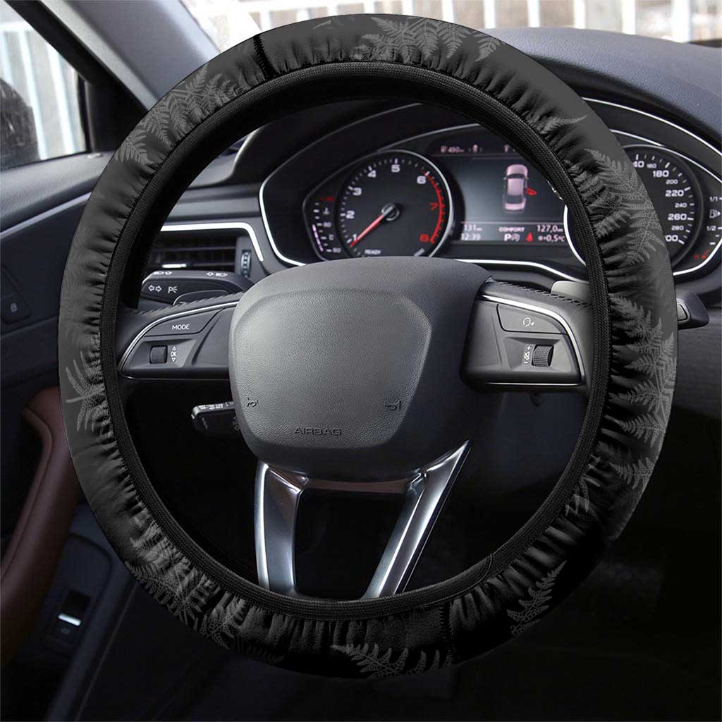 New Zealand Silver Fern Curling Steering Wheel Cover Aotearoa Kiwi Ponga Black White Version LT14 - Polynesian Pride
