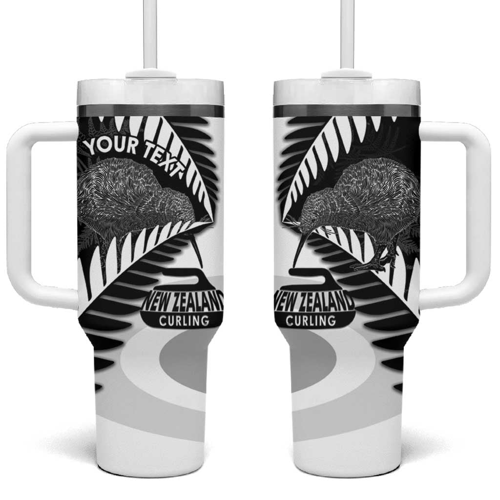 New Zealand Silver Fern Curling Personalised Tumbler With Handle Aotearoa Kiwi Ponga Black White Version LT14 One Size: 40 oz Black - Polynesian Pride