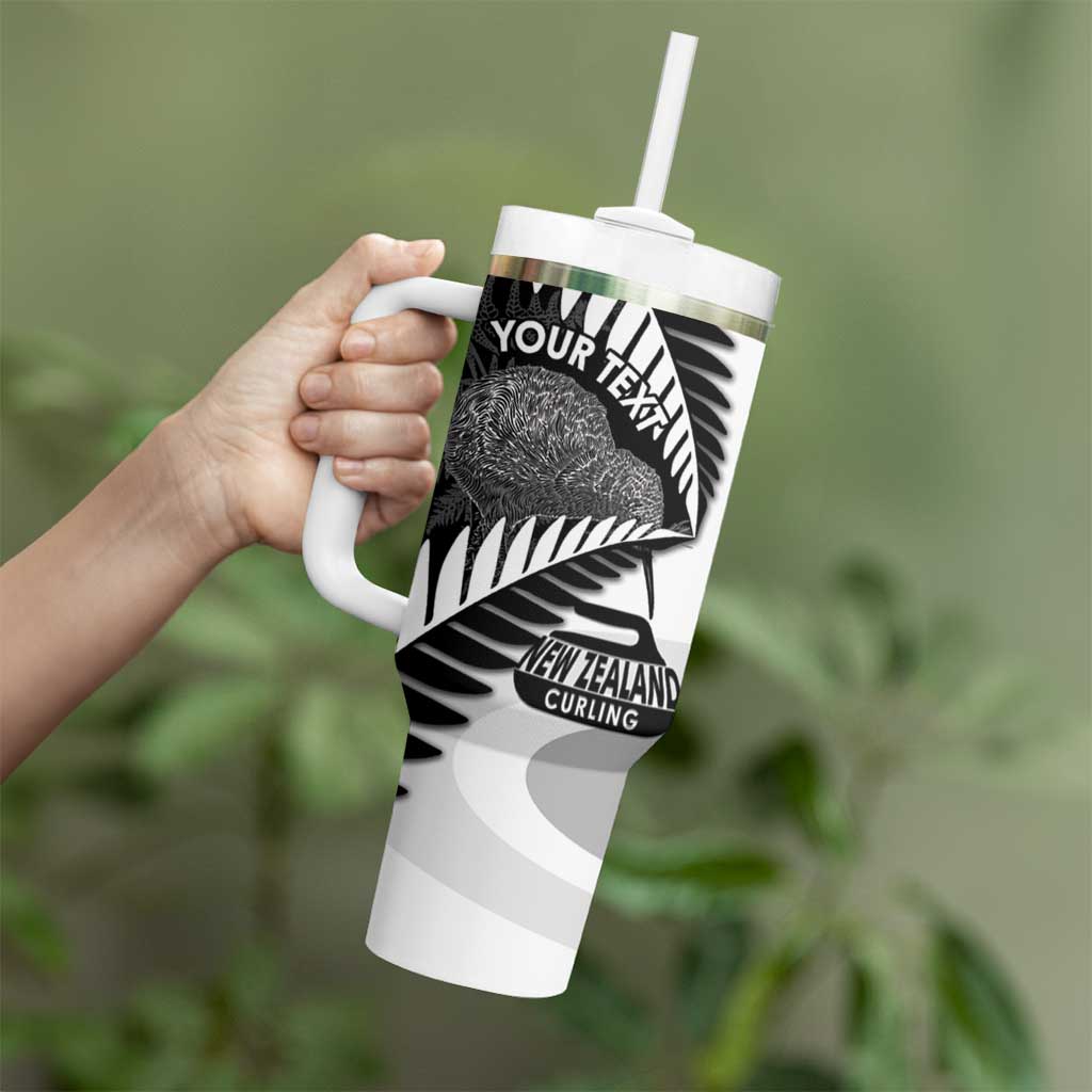 New Zealand Silver Fern Curling Personalised Tumbler With Handle Aotearoa Kiwi Ponga Black White Version LT14 - Polynesian Pride