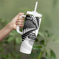 New Zealand Silver Fern Curling Personalised Tumbler With Handle Aotearoa Kiwi Ponga Black White Version LT14 - Polynesian Pride