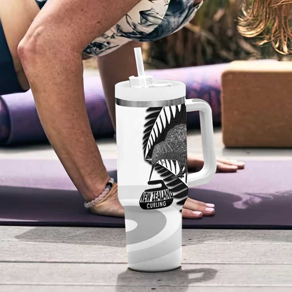 New Zealand Silver Fern Curling Personalised Tumbler With Handle Aotearoa Kiwi Ponga Black White Version LT14 - Polynesian Pride