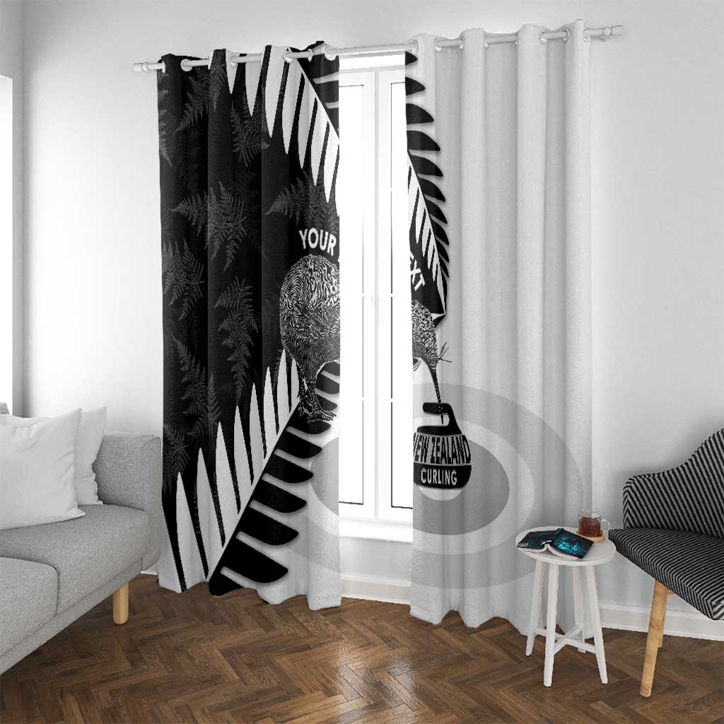 New Zealand Silver Fern Curling Personalised Window Curtain Aotearoa Kiwi Ponga Black White Version LT14 With Grommets Black - Polynesian Pride