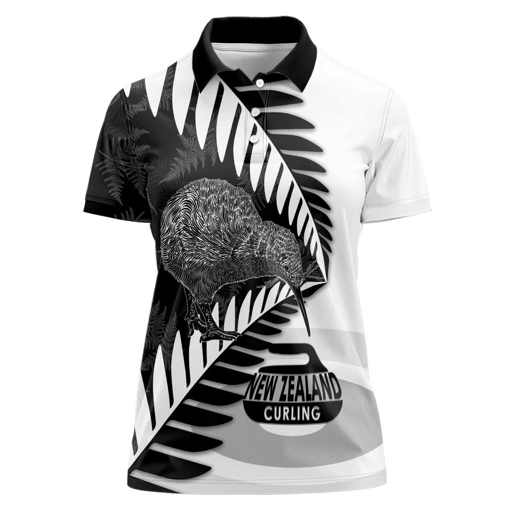 New Zealand Silver Fern Curling Personalised Women Polo Shirt Aotearoa Kiwi Ponga Black White Version LT14 Female Black - Polynesian Pride