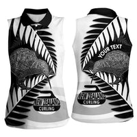 New Zealand Silver Fern Curling Personalised Women Sleeveless Polo Shirt Aotearoa Kiwi Ponga Black White Version - Polynesian Pride