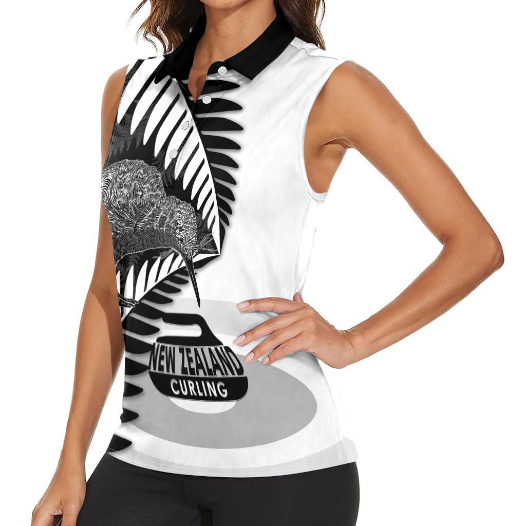 New Zealand Silver Fern Curling Personalised Women Sleeveless Polo Shirt Aotearoa Kiwi Ponga Black White Version - Polynesian Pride