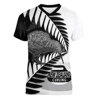 New Zealand Silver Fern Curling Personalised Women V-Neck T-Shirt Aotearoa Kiwi Ponga Black White Version - Polynesian Pride