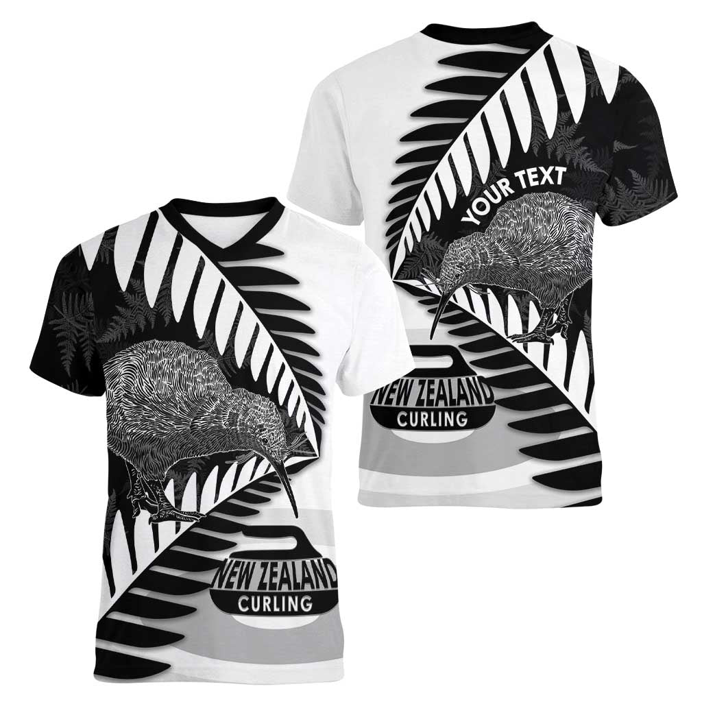 New Zealand Silver Fern Curling Personalised Women V-Neck T-Shirt Aotearoa Kiwi Ponga Black White Version - Polynesian Pride