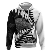 New Zealand Silver Fern Curling Personalised Zip Hoodie Aotearoa Kiwi Ponga Black White Version LT14 Pullover Hoodie Black - Polynesian Pride