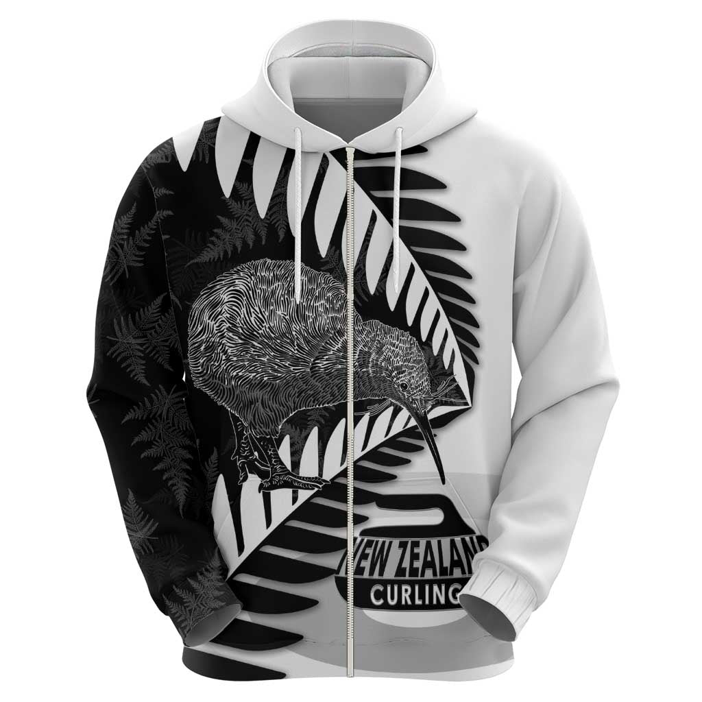 New Zealand Silver Fern Curling Personalised Zip Hoodie Aotearoa Kiwi Ponga Black White Version LT14 - Polynesian Pride