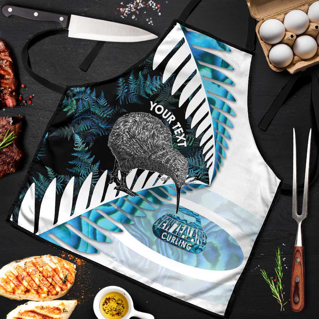 New Zealand Silver Fern Curling Personalised Apron Aotearoa Kiwi Ponga Paua Shell Version LT14 Black - Polynesian Pride