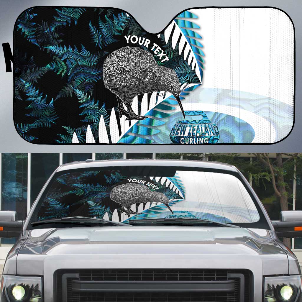 New Zealand Silver Fern Curling Personalised Auto Sun Shade Aotearoa Kiwi Ponga Paua Shell Version LT14 Black - Polynesian Pride