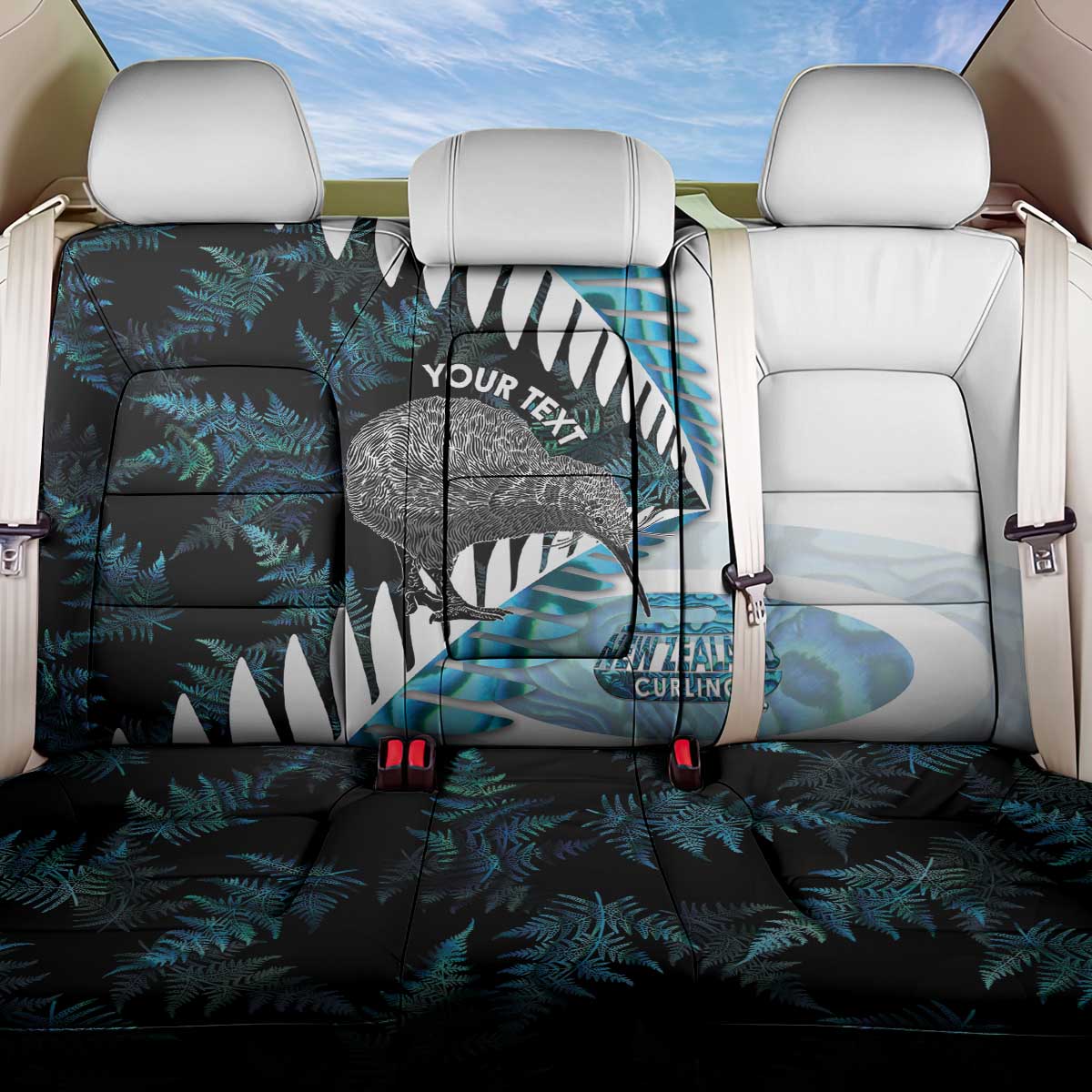 New Zealand Silver Fern Curling Personalised Back Car Seat Cover Aotearoa Kiwi Ponga Paua Shell Version LT14 One Size Black - Polynesian Pride