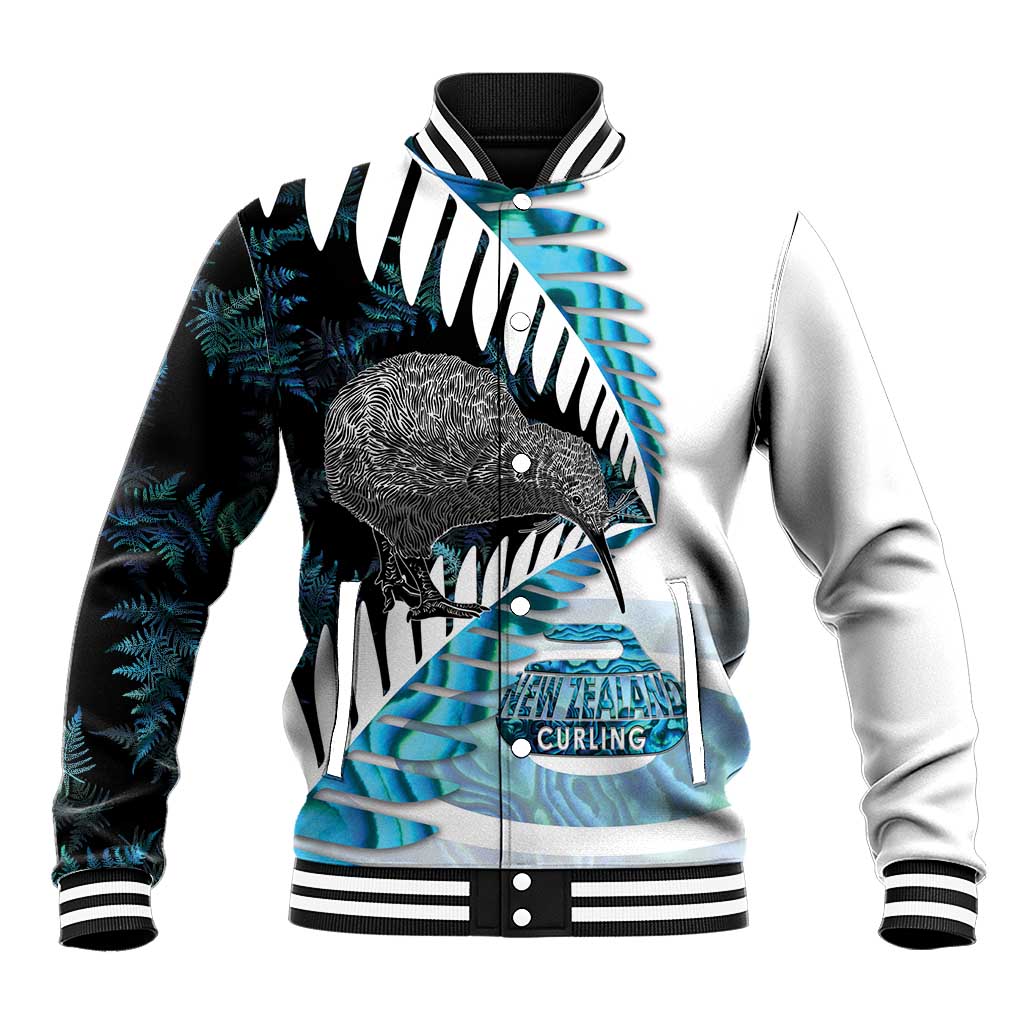 New Zealand Silver Fern Curling Personalised Baseball Jacket Aotearoa Kiwi Ponga Paua Shell Version LT14 Unisex Black - Polynesian Pride