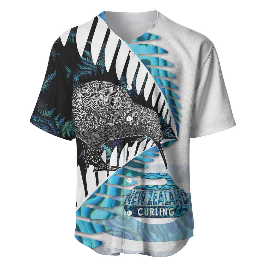 New Zealand Silver Fern Curling Personalised Baseball Jersey Aotearoa Kiwi Ponga Paua Shell Version LT14 Black - Polynesian Pride