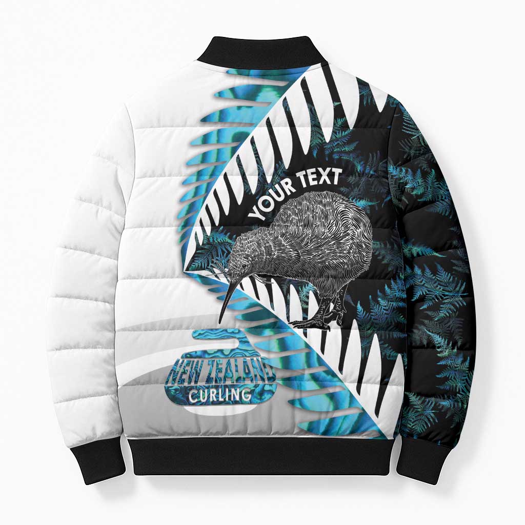 New Zealand Silver Fern Curling Personalised Bomber Puffer Jacket Aotearoa Kiwi Ponga Paua Shell Version LT14 - Polynesian Pride