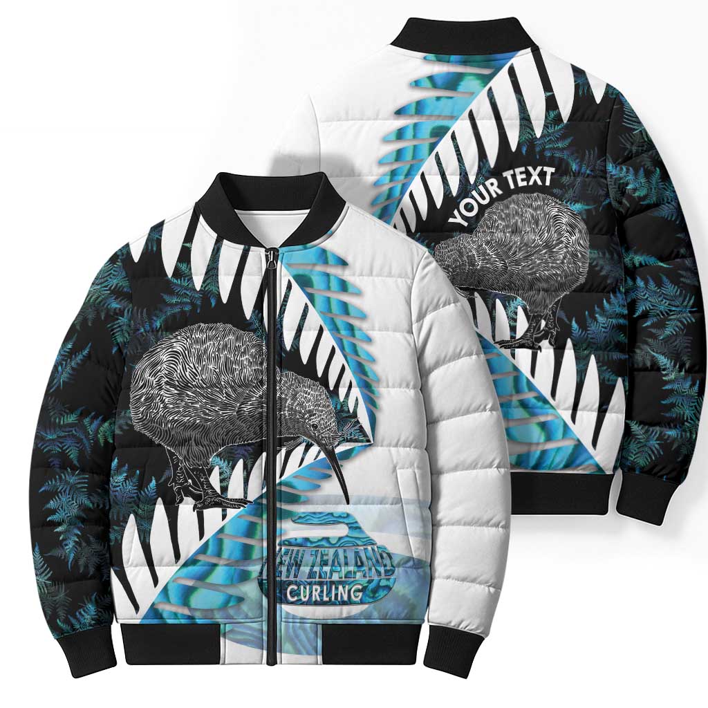 New Zealand Silver Fern Curling Personalised Bomber Puffer Jacket Aotearoa Kiwi Ponga Paua Shell Version LT14 - Polynesian Pride