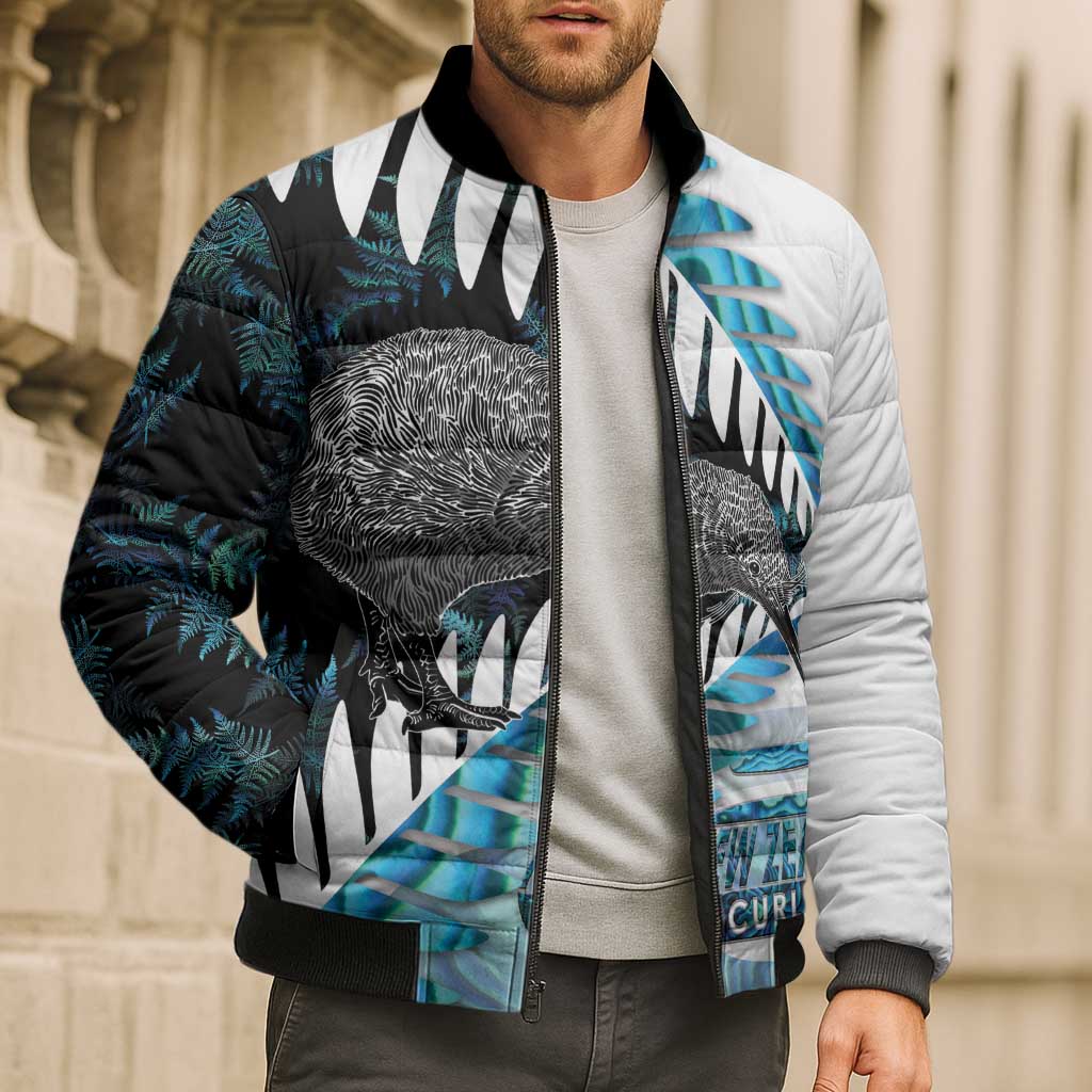 New Zealand Silver Fern Curling Personalised Bomber Puffer Jacket Aotearoa Kiwi Ponga Paua Shell Version LT14 - Polynesian Pride