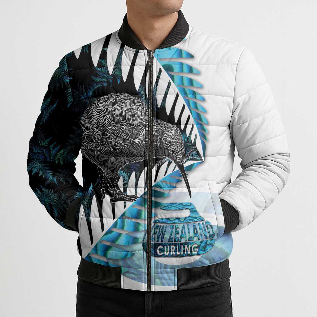 New Zealand Silver Fern Curling Personalised Bomber Puffer Jacket Aotearoa Kiwi Ponga Paua Shell Version LT14 - Polynesian Pride