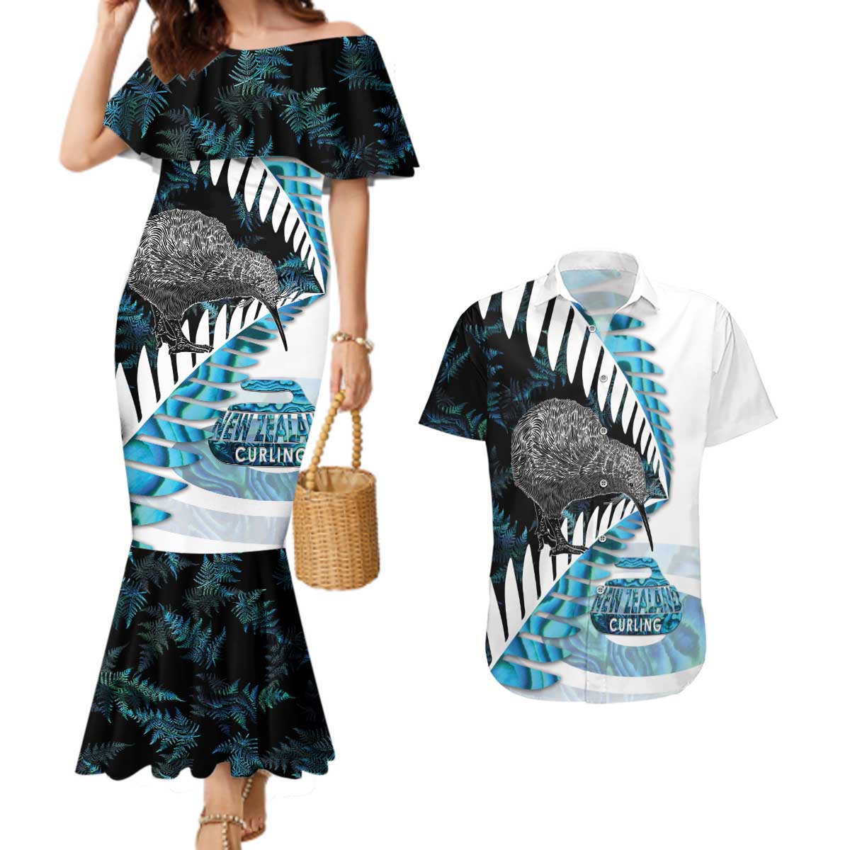 New Zealand Silver Fern Curling Personalised Couples Matching Mermaid Dress and Hawaiian Shirt Aotearoa Kiwi Ponga Paua Shell Version LT14 Black - Polynesian Pride