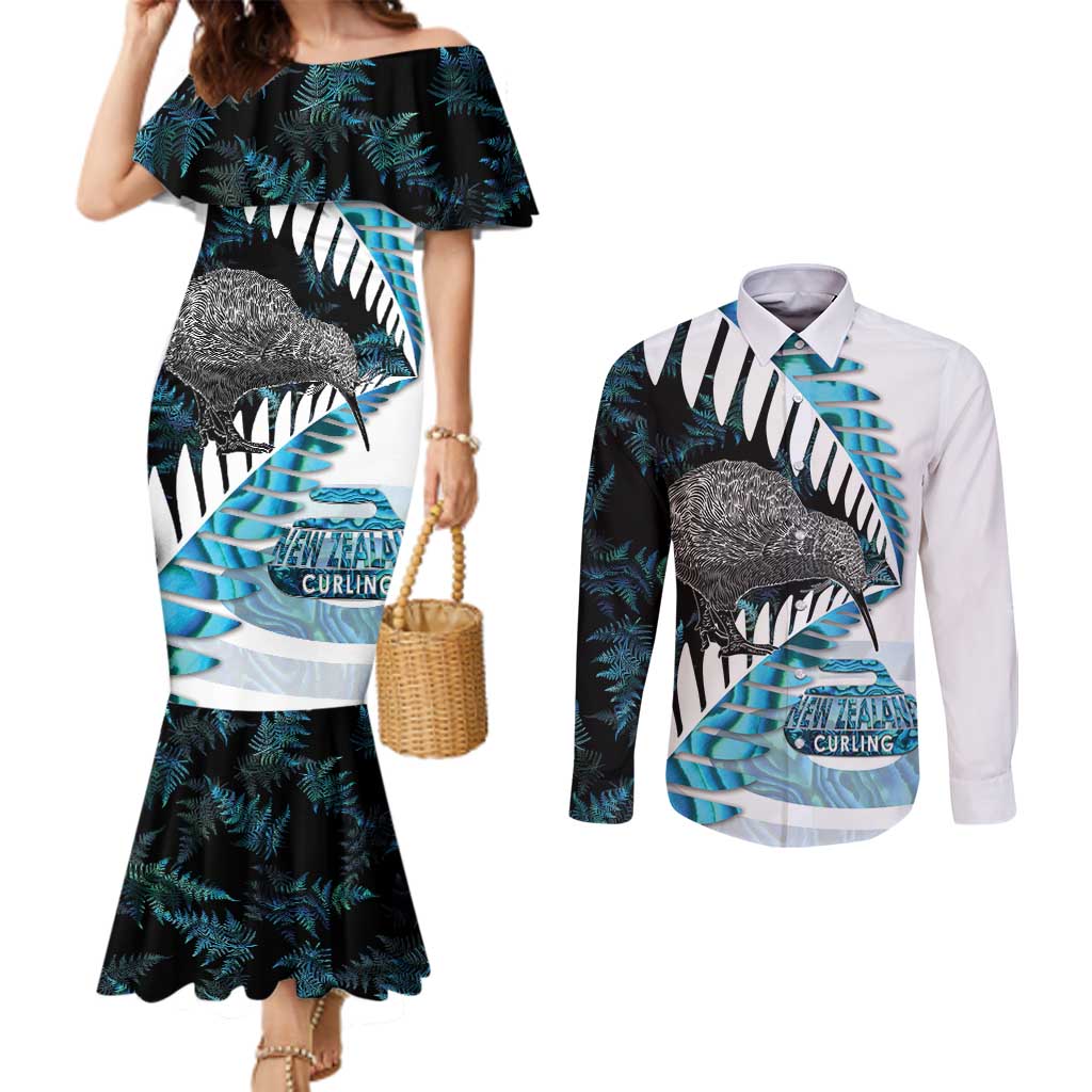 New Zealand Silver Fern Curling Personalised Couples Matching Mermaid Dress and Long Sleeve Button Shirt Aotearoa Kiwi Ponga Paua Shell Version - Polynesian Pride