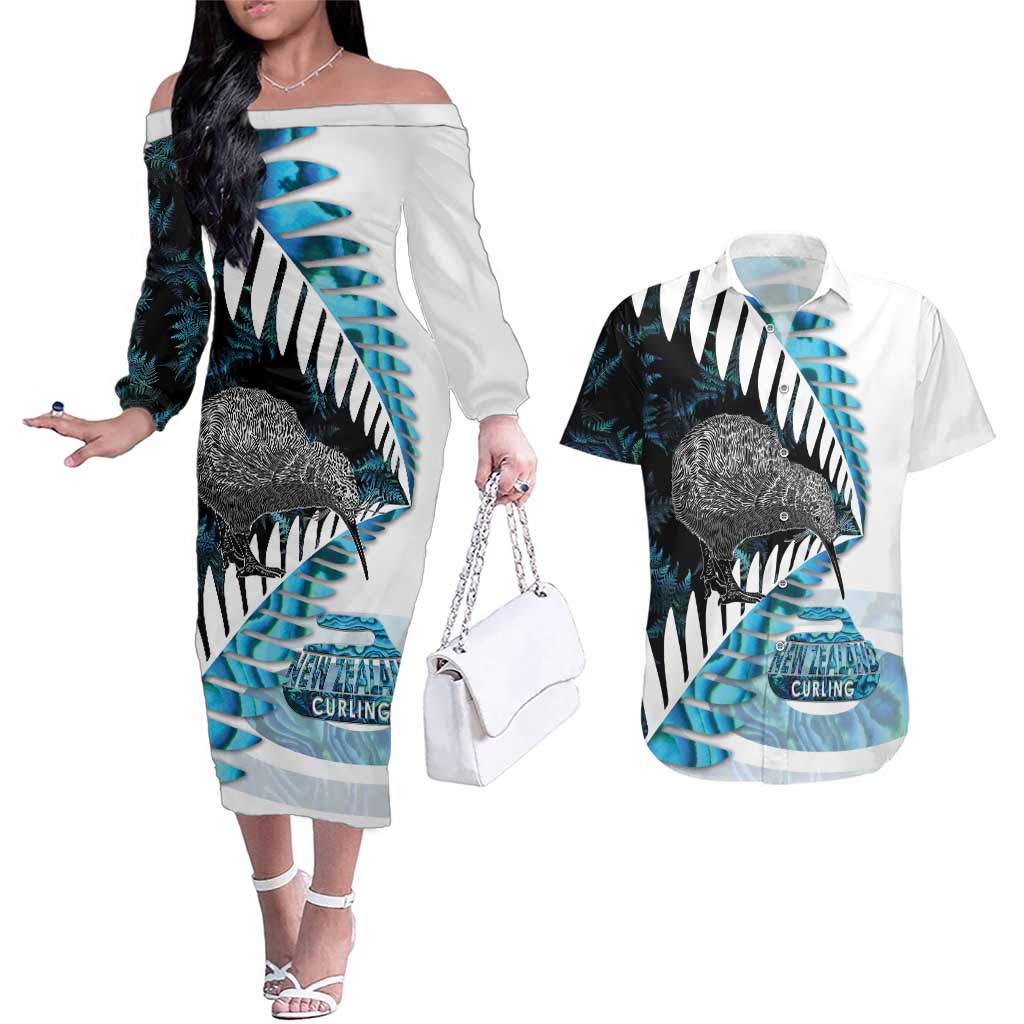 New Zealand Silver Fern Curling Personalised Couples Matching Off The Shoulder Long Sleeve Dress and Hawaiian Shirt Aotearoa Kiwi Ponga Paua Shell Version - Polynesian Pride