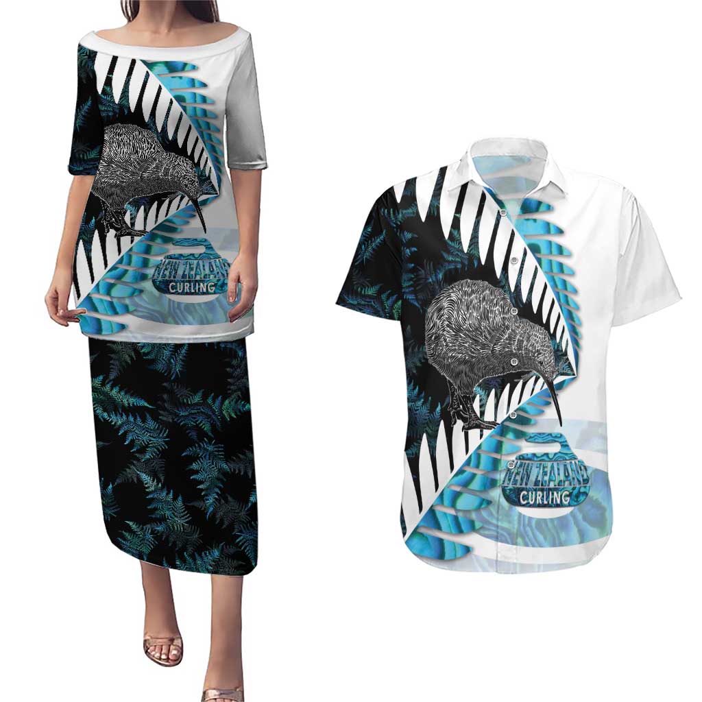 New Zealand Silver Fern Curling Personalised Couples Matching Puletasi and Hawaiian Shirt Aotearoa Kiwi Ponga Paua Shell Version - Polynesian Pride