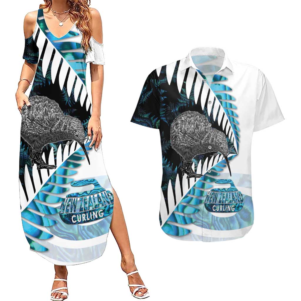New Zealand Silver Fern Curling Personalised Couples Matching Summer Maxi Dress and Hawaiian Shirt Aotearoa Kiwi Ponga Paua Shell Version - Polynesian Pride
