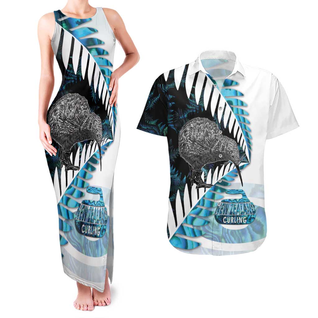 New Zealand Silver Fern Curling Personalised Couples Matching Tank Maxi Dress and Hawaiian Shirt Aotearoa Kiwi Ponga Paua Shell Version - Polynesian Pride