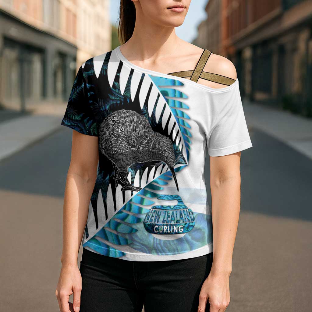 New Zealand Silver Fern Curling Personalised Cross Shoulder Shirt Aotearoa Kiwi Ponga Paua Shell Version - Polynesian Pride