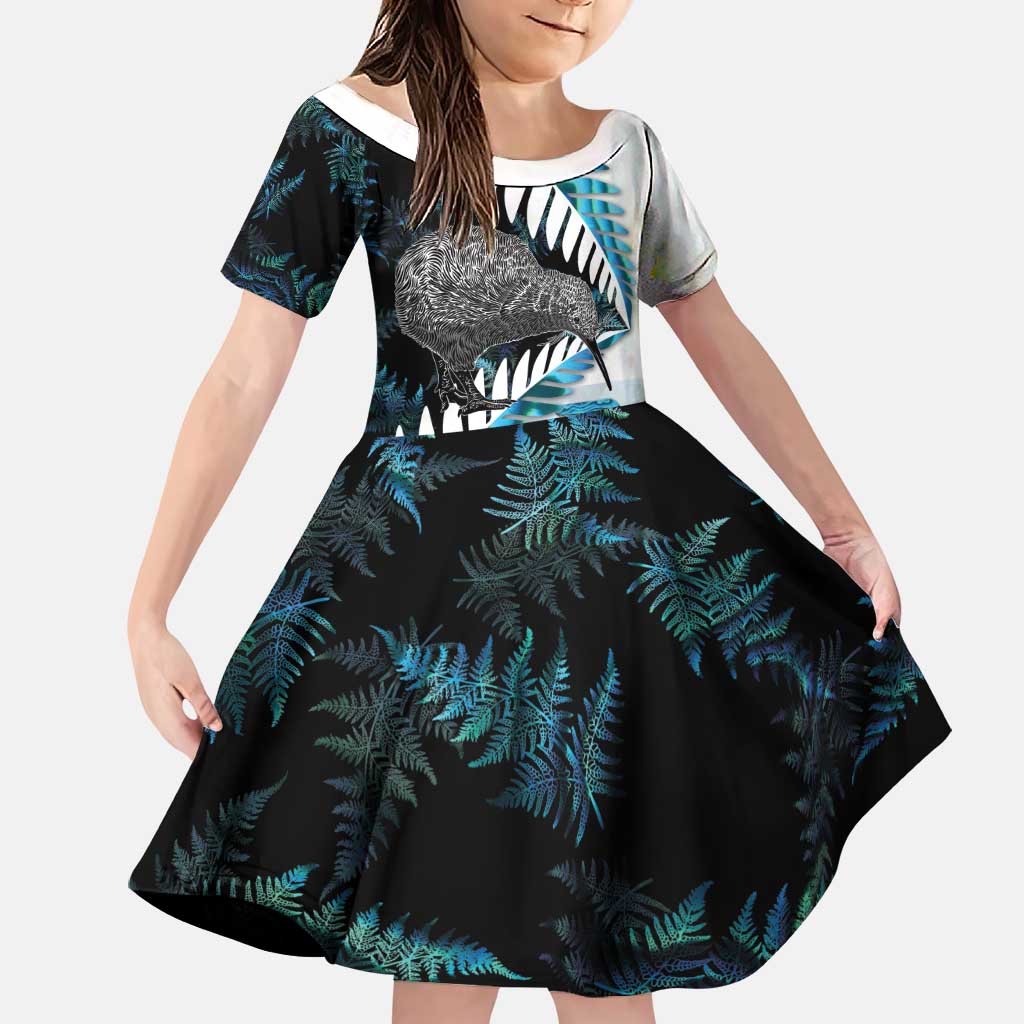 New Zealand Silver Fern Curling Personalised Family Matching Long Sleeve Bodycon Dress and Hawaiian Shirt Aotearoa Kiwi Ponga Paua Shell Version - Polynesian Pride