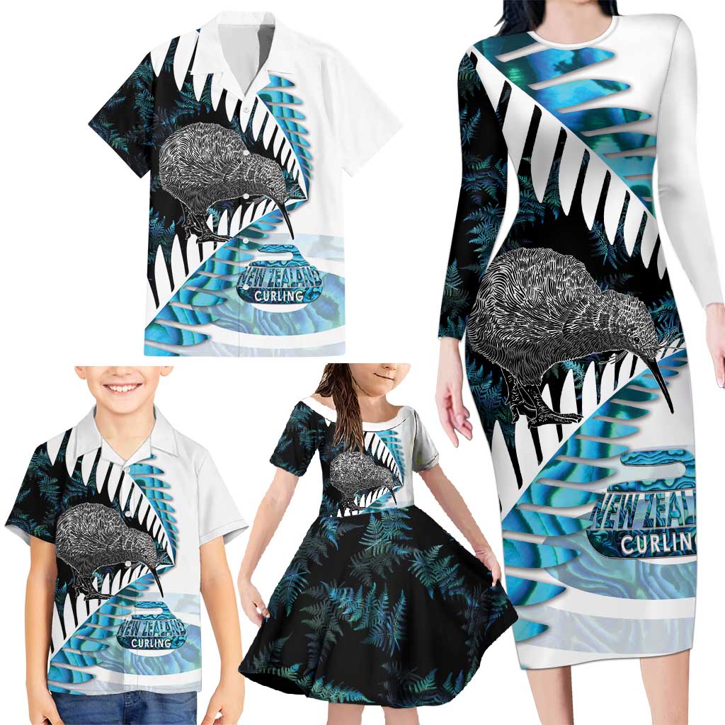 New Zealand Silver Fern Curling Personalised Family Matching Long Sleeve Bodycon Dress and Hawaiian Shirt Aotearoa Kiwi Ponga Paua Shell Version - Polynesian Pride