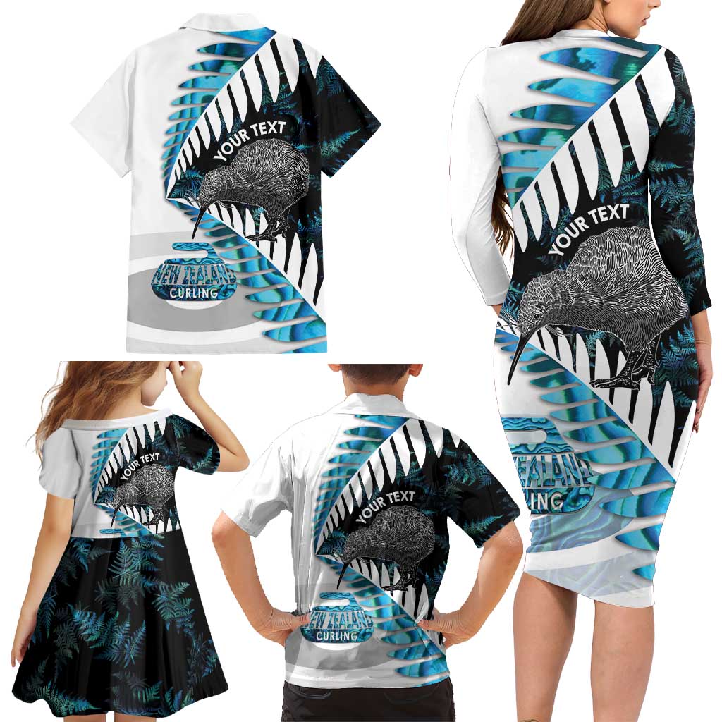 New Zealand Silver Fern Curling Personalised Family Matching Long Sleeve Bodycon Dress and Hawaiian Shirt Aotearoa Kiwi Ponga Paua Shell Version - Polynesian Pride