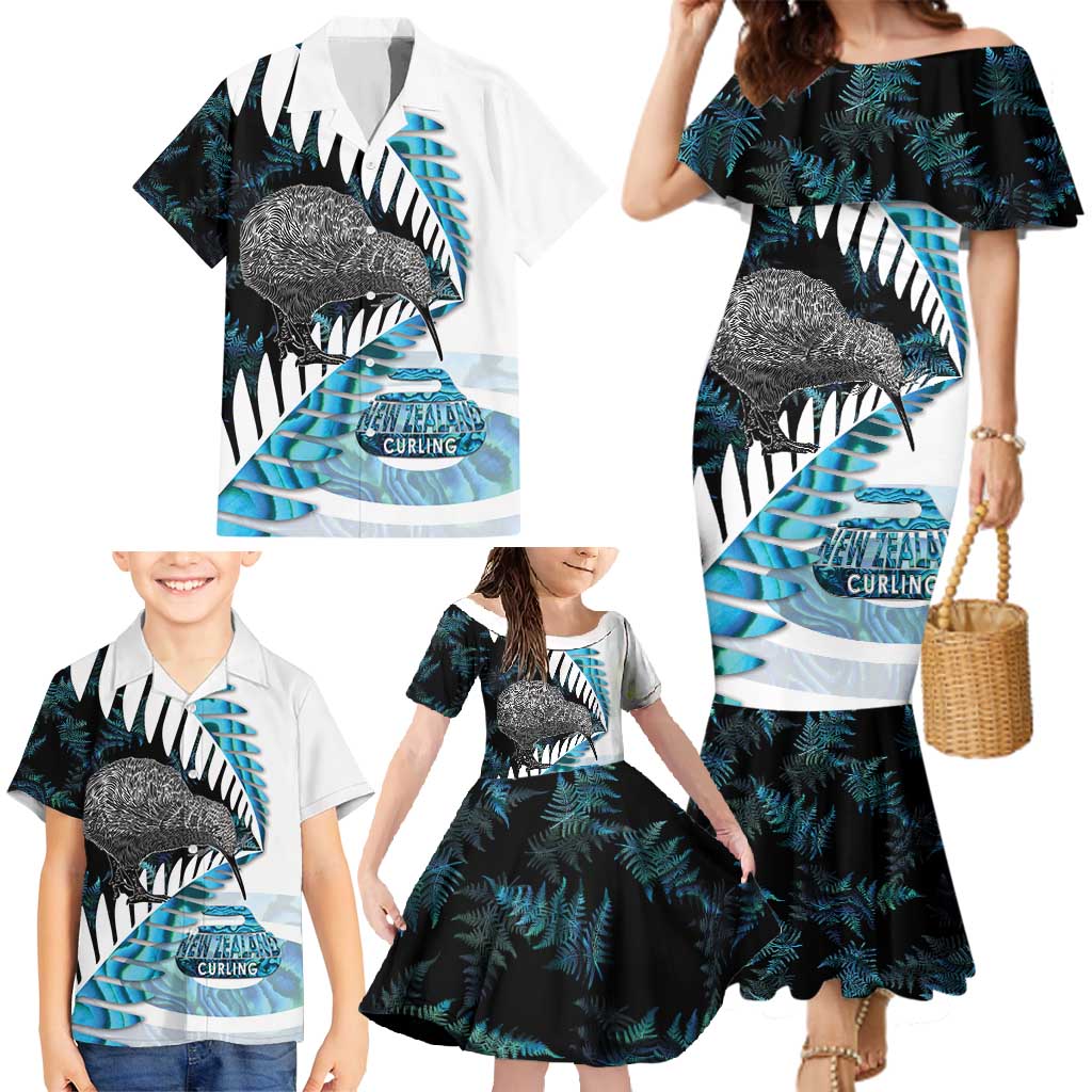 New Zealand Silver Fern Curling Personalised Family Matching Mermaid Dress and Hawaiian Shirt Aotearoa Kiwi Ponga Paua Shell Version - Polynesian Pride