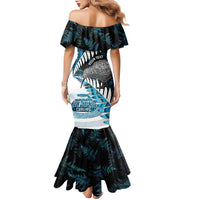 New Zealand Silver Fern Curling Personalised Family Matching Mermaid Dress and Hawaiian Shirt Aotearoa Kiwi Ponga Paua Shell Version - Polynesian Pride