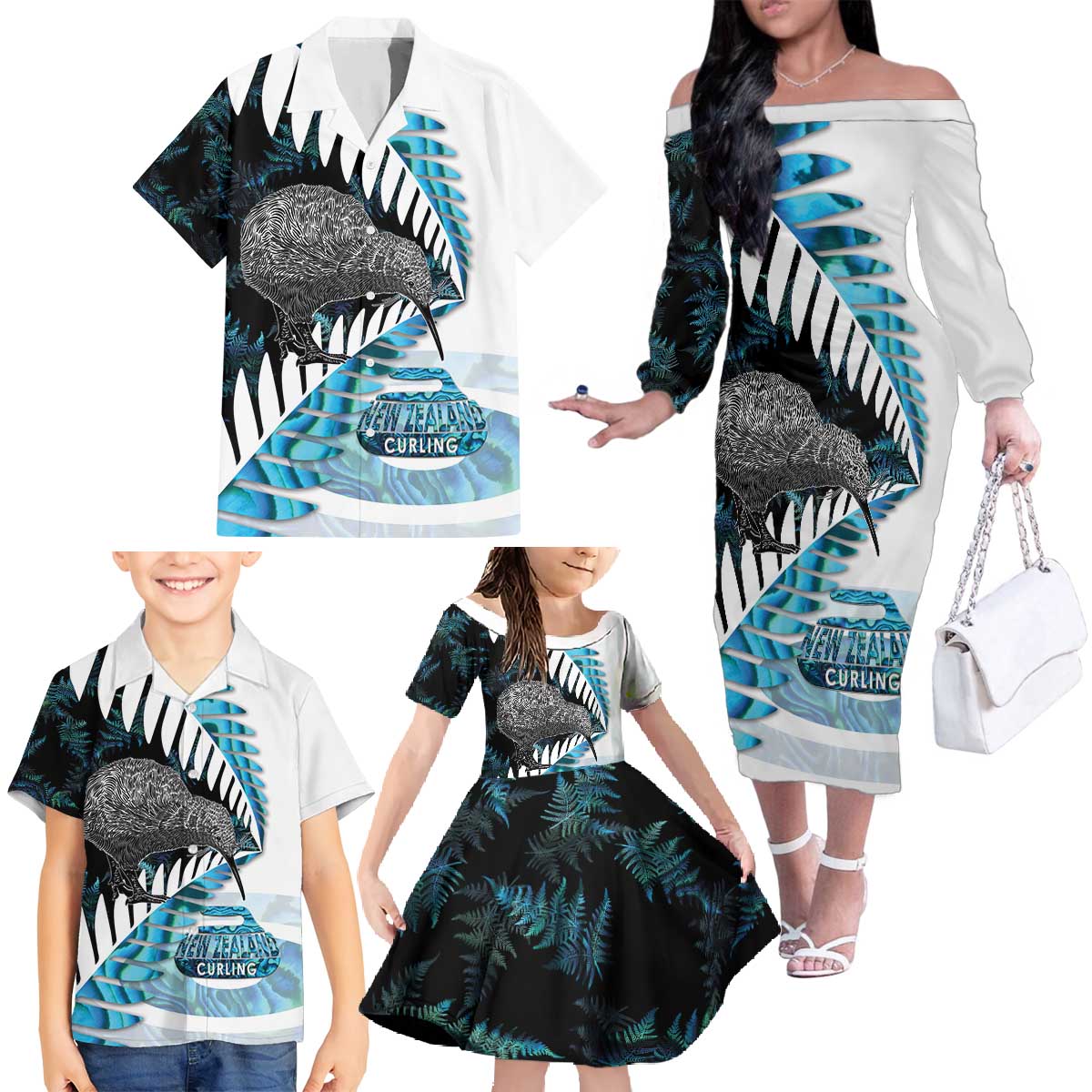 New Zealand Silver Fern Curling Personalised Family Matching Off The Shoulder Long Sleeve Dress and Hawaiian Shirt Aotearoa Kiwi Ponga Paua Shell Version - Polynesian Pride