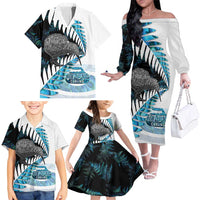New Zealand Silver Fern Curling Personalised Family Matching Off The Shoulder Long Sleeve Dress and Hawaiian Shirt Aotearoa Kiwi Ponga Paua Shell Version - Polynesian Pride