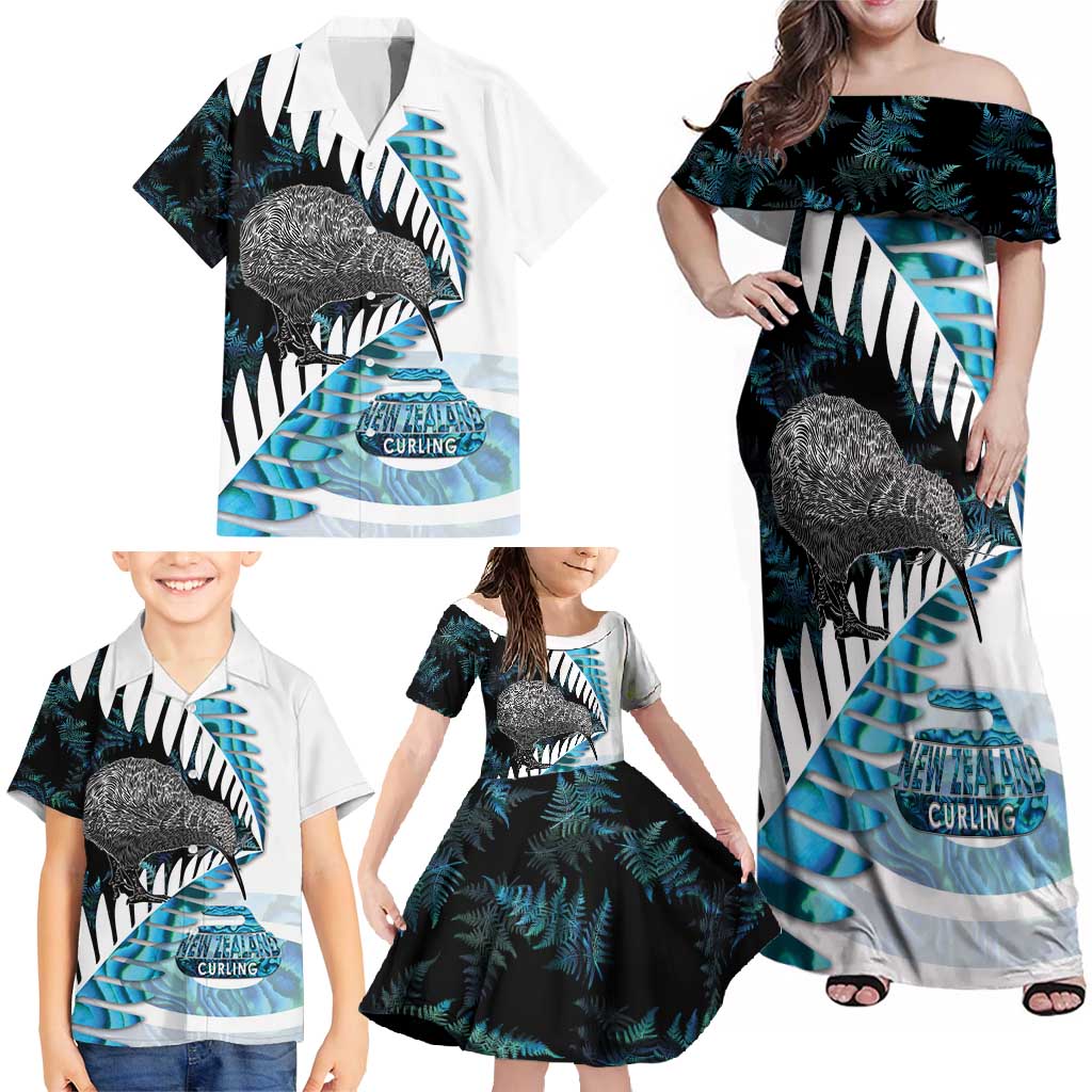 New Zealand Silver Fern Curling Personalised Family Matching Off Shoulder Maxi Dress and Hawaiian Shirt Aotearoa Kiwi Ponga Paua Shell Version - Polynesian Pride